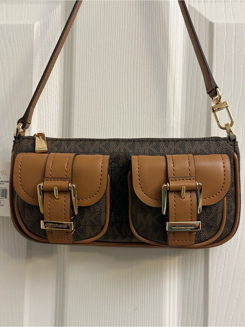 Michael Kors Brown and Tan Signature Canvas and Leather Dual-Pocket Shoulder Bag